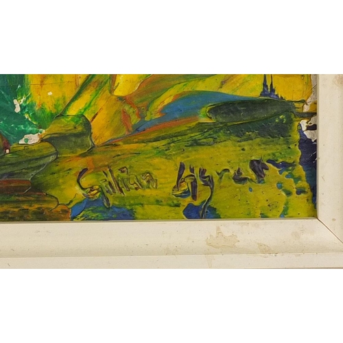 2063 - Oil onto canvas abstract composition, bearing a signature Gillian Ligers? inscriptions verso, mounte... 