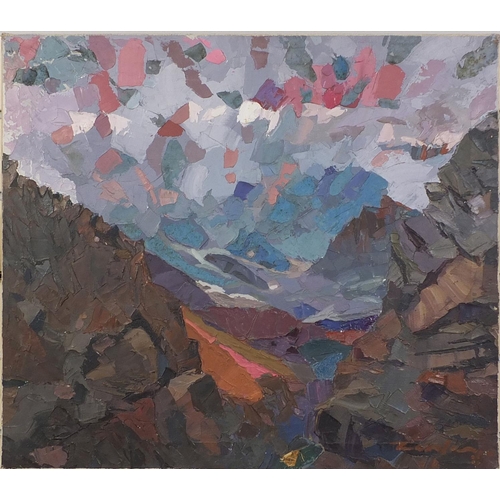 2196 - Manuer Zavaia unframed oil onto canvas, mountain landscape, Westbourne Gallery verso, 59cm x 52cm