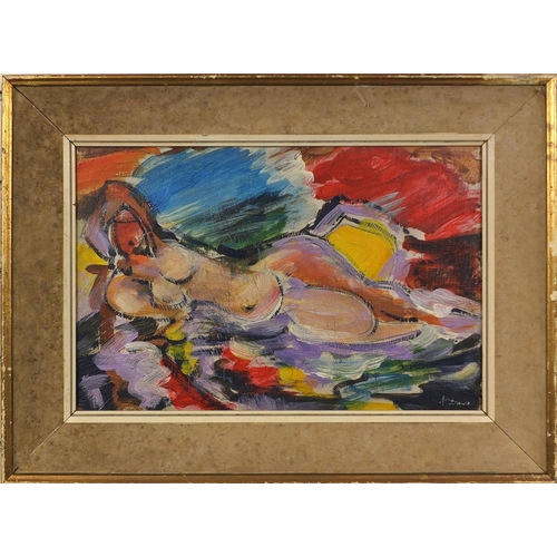 2191 - Oil onto canvas abstract composition, reclining nude female, bearing a signature Hithchins, mounted ... 