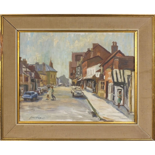 2268 - John Neil - Oil onto board sheep street, Stratford Upon Avon, titled and label verso, mounted and fr... 