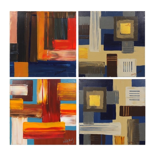 2223 - Nikky Corker - Four unframed oil onto canvas abstract compositions, two with labels verso, each 41cm... 