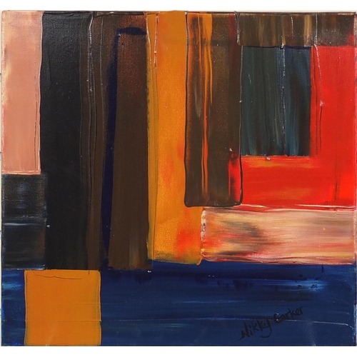 2223 - Nikky Corker - Four unframed oil onto canvas abstract compositions, two with labels verso, each 41cm... 