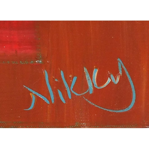 2223 - Nikky Corker - Four unframed oil onto canvas abstract compositions, two with labels verso, each 41cm... 