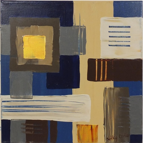 2223 - Nikky Corker - Four unframed oil onto canvas abstract compositions, two with labels verso, each 41cm... 