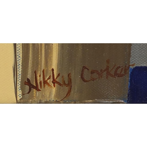 2223 - Nikky Corker - Four unframed oil onto canvas abstract compositions, two with labels verso, each 41cm... 