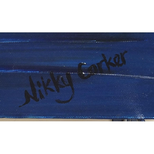 2223 - Nikky Corker - Four unframed oil onto canvas abstract compositions, two with labels verso, each 41cm... 