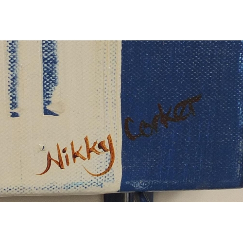 2223 - Nikky Corker - Four unframed oil onto canvas abstract compositions, two with labels verso, each 41cm... 