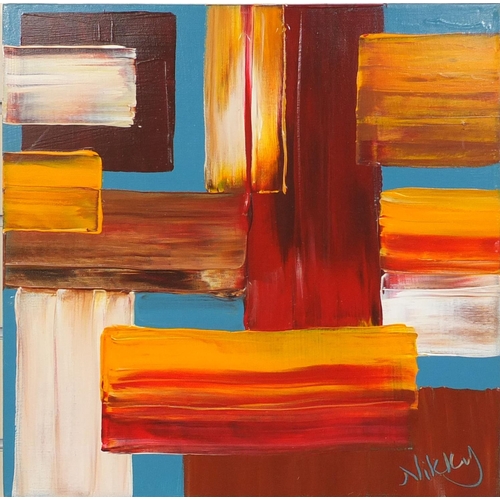 2223 - Nikky Corker - Four unframed oil onto canvas abstract compositions, two with labels verso, each 41cm... 