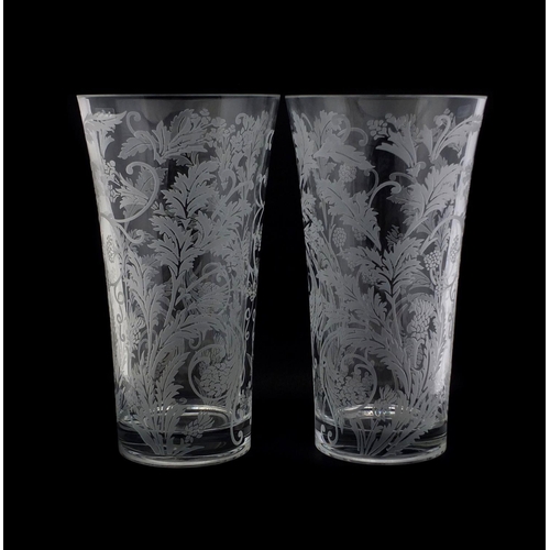 2175 - Pair of Christofle Orangerie vases with floral etched decoration, 29.5cm high