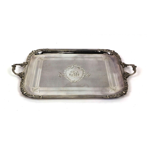 2203 - Good quality silver plated tray with leaf decoration and scrolling handles, 68cm wide x 44cm