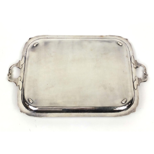 2203 - Good quality silver plated tray with leaf decoration and scrolling handles, 68cm wide x 44cm