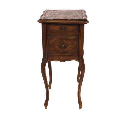 2018 - French walnut nightstand with inset red marble top above a drawer and cupboard on cabriole legs, 45c... 