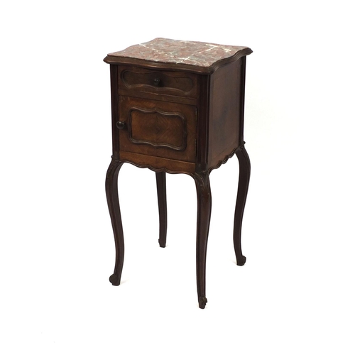 2022 - French walnut nightstand with inset red marble top above a drawer and cupboard on cabriole legs, 45c... 