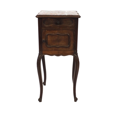 2022 - French walnut nightstand with inset red marble top above a drawer and cupboard on cabriole legs, 45c... 