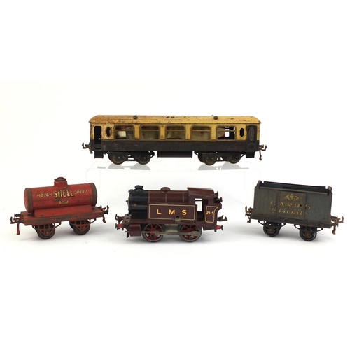 2345 - Group of Hornby O gauge tinplate railway including locomotive LMS 2115 and a Shell tender, the large... 