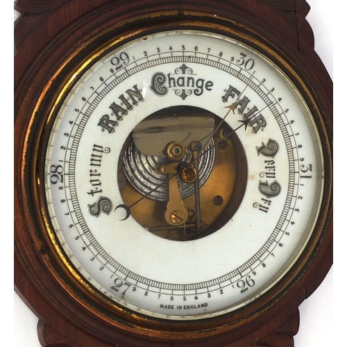 2366 - Carved mahogany wall barometer and thermometer, 90cm high