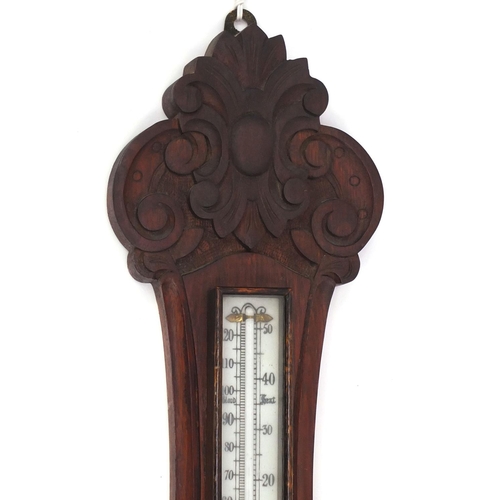 2366 - Carved mahogany wall barometer and thermometer, 90cm high