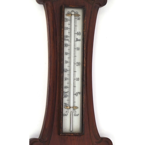 2366 - Carved mahogany wall barometer and thermometer, 90cm high