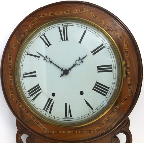 2218 - Inlaid walnut drop dial wall clock, with Roman Numerals, 63cm high