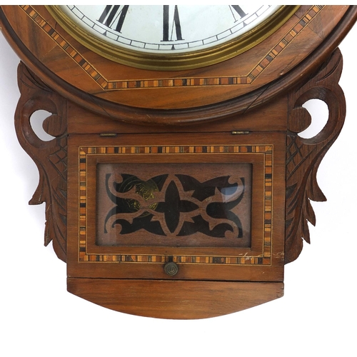 2218 - Inlaid walnut drop dial wall clock, with Roman Numerals, 63cm high