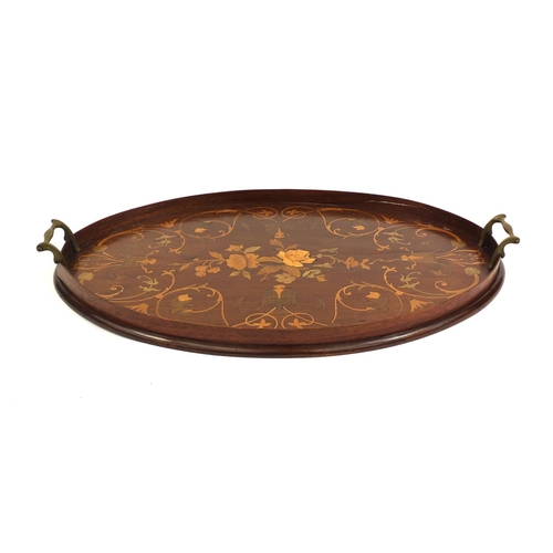 2163 - Edwardian oval mahogany gallery tray with brass handles, inlaid with flowers and foliage, 59cm wide