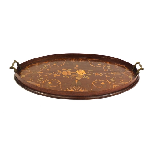 2163 - Edwardian oval mahogany gallery tray with brass handles, inlaid with flowers and foliage, 59cm wide