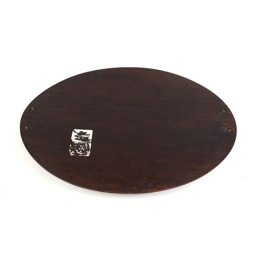 2163 - Edwardian oval mahogany gallery tray with brass handles, inlaid with flowers and foliage, 59cm wide