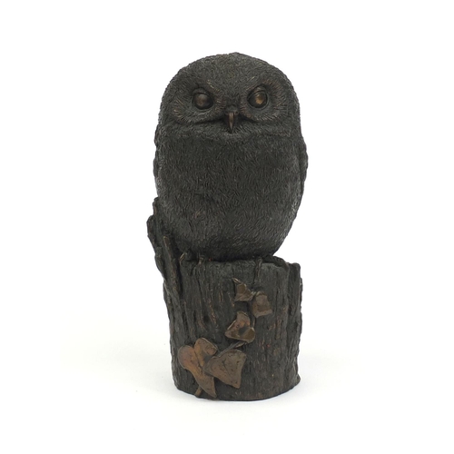 2240 - Bronze model of an owl perched on a tree trunk signed Dulk to the reverse, 21cm high