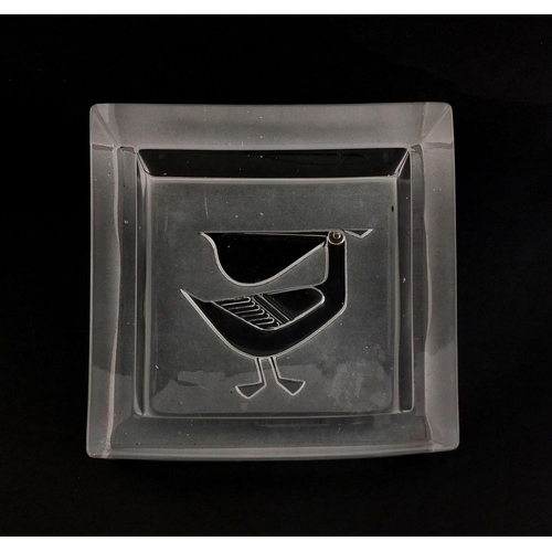 2284 - Frosted and clear glass shallow dish, intaglio moulded with a stylised pelican, 15cm x 15cm