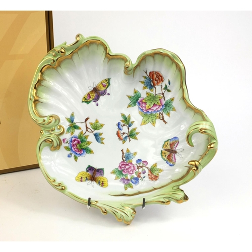 2182 - Boxed Herend of Hungary naturalistic leaf shaped dish, hand painted with flowers and butterflies, fa... 