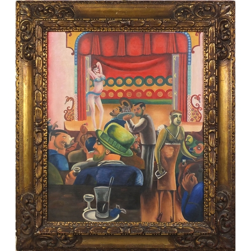 2157 - German expressionist style oil onto board, figures in a theatre, bearing a monogram, inscribed verso... 