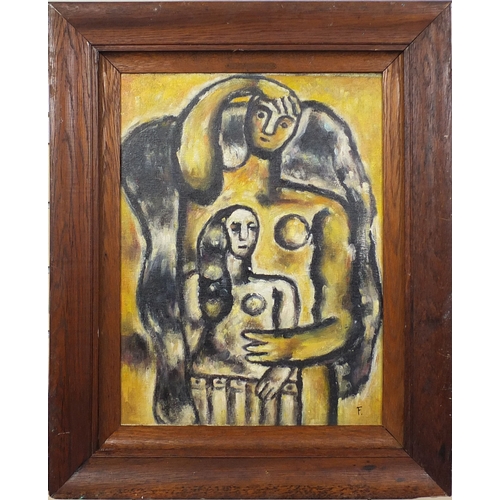 2113 - German Expressionist style oil onto board abstract composition, two nude figures, bearing a monogram... 