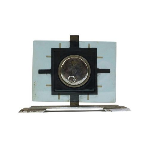 2204 - Art Deco glass and chrome mystery mantle clock with eight day Swiss movement, 18cm long