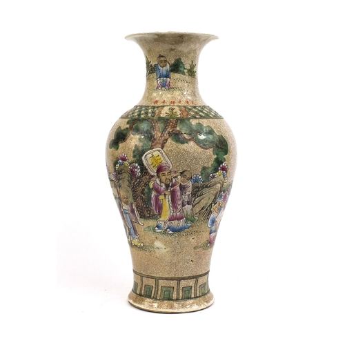 2165 - Chinese crackle glazed stoneware baluster shaped vase hand painted in the famille rose palette with ... 