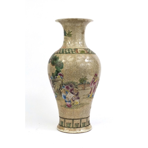 2165 - Chinese crackle glazed stoneware baluster shaped vase hand painted in the famille rose palette with ... 