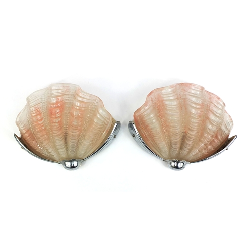 2309 - Pair of Art Deco chrome wall light fittings with pink shell shaped glass shades, each 27cm wide