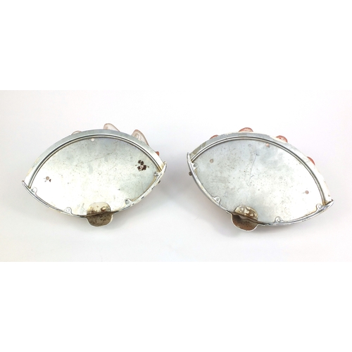 2309 - Pair of Art Deco chrome wall light fittings with pink shell shaped glass shades, each 27cm wide