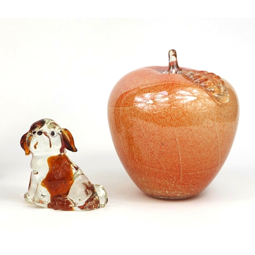 2229 - Group of colourful glassware including a Murrano dog, orange glass apple, Caithness paperweight and ... 