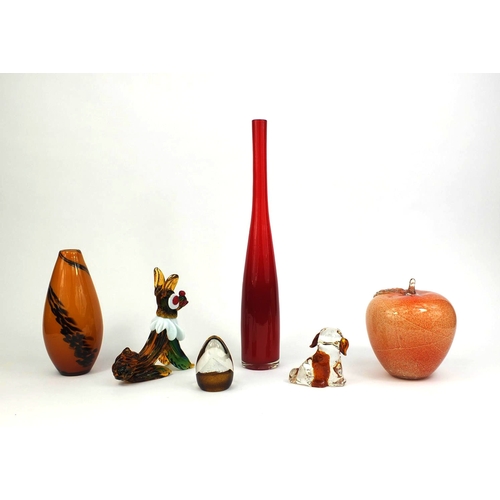 2229 - Group of colourful glassware including a Murrano dog, orange glass apple, Caithness paperweight and ... 