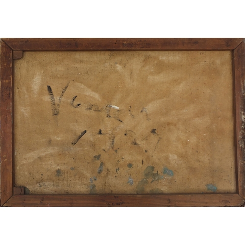 2318 - Pair of unframed oil onto canvas abstract compositions, Venetian gondolas, inscriptions verso, each ... 