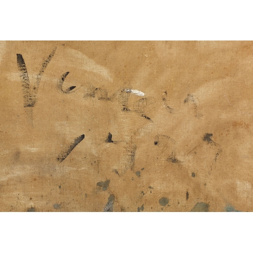 2318 - Pair of unframed oil onto canvas abstract compositions, Venetian gondolas, inscriptions verso, each ... 