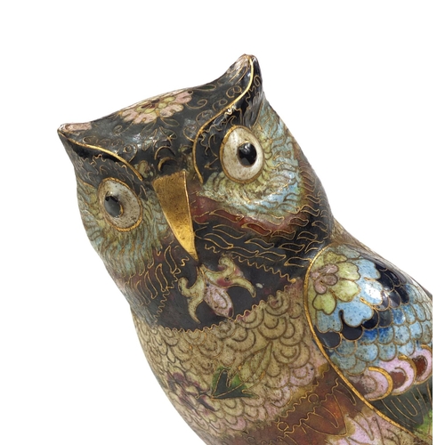 161 - Oriental cloisonné owl raised on a wooden base, 22cm high