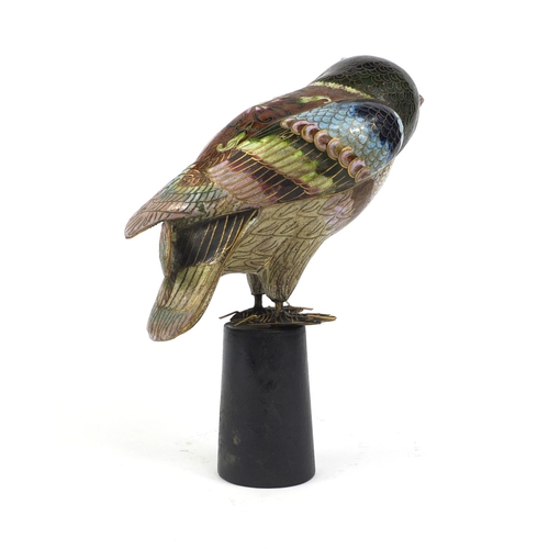 161 - Oriental cloisonné owl raised on a wooden base, 22cm high