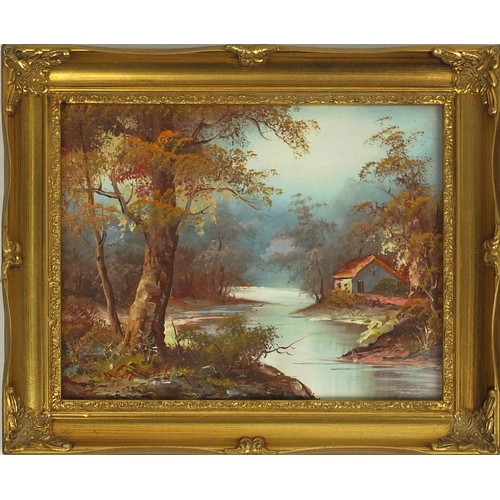 175 - Pair of gilt framed signed oil on board views of trees and lakes, each 24cm x 19cm excluding the fra... 