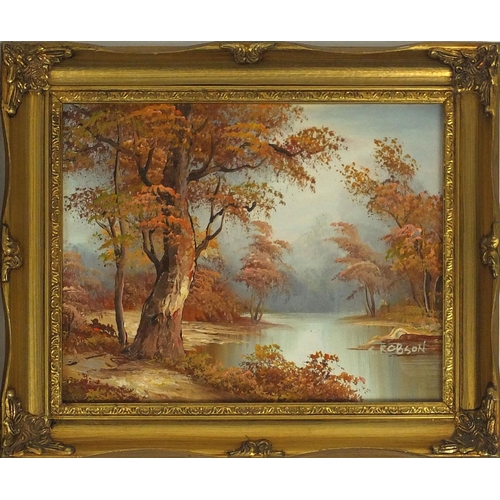 175 - Pair of gilt framed signed oil on board views of trees and lakes, each 24cm x 19cm excluding the fra... 