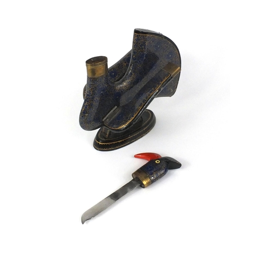 158 - Middle Eastern lacquered bird of paradise knife holder, the detachable head still with a knife, 30cm... 