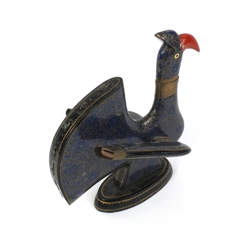 158 - Middle Eastern lacquered bird of paradise knife holder, the detachable head still with a knife, 30cm... 