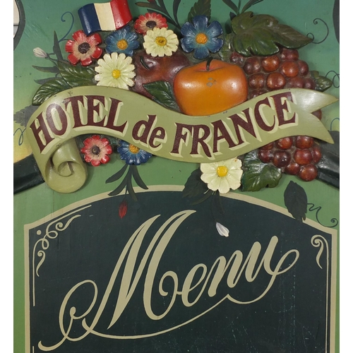 212 - French hotel wall menu board, decorated in relief with fruit and flowers, 84cm high x 40cm wide