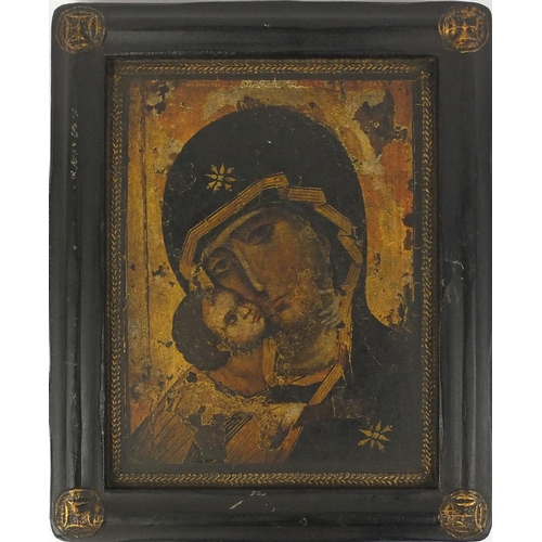 85 - Decorative wooden panel icon of a Madonna and child, 51cm x 42cm