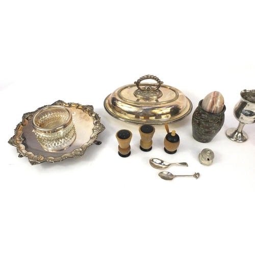 145 - Assorted wooden and metal items including silver plated salver, silver plated entrée dish, carved ho... 